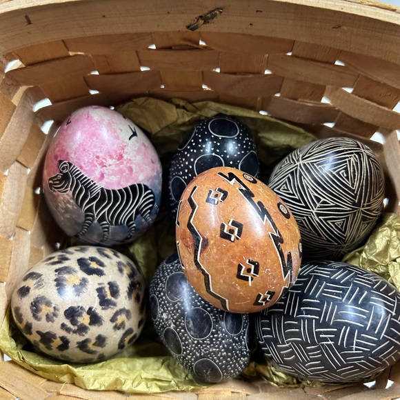 7 hand painted stone eggs in a basket . - Picture 2 of 9
